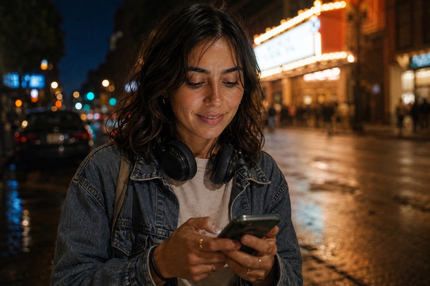 Maya checks her phone on a wet, neon-lit night street outside the glowing Fillmore marquee.