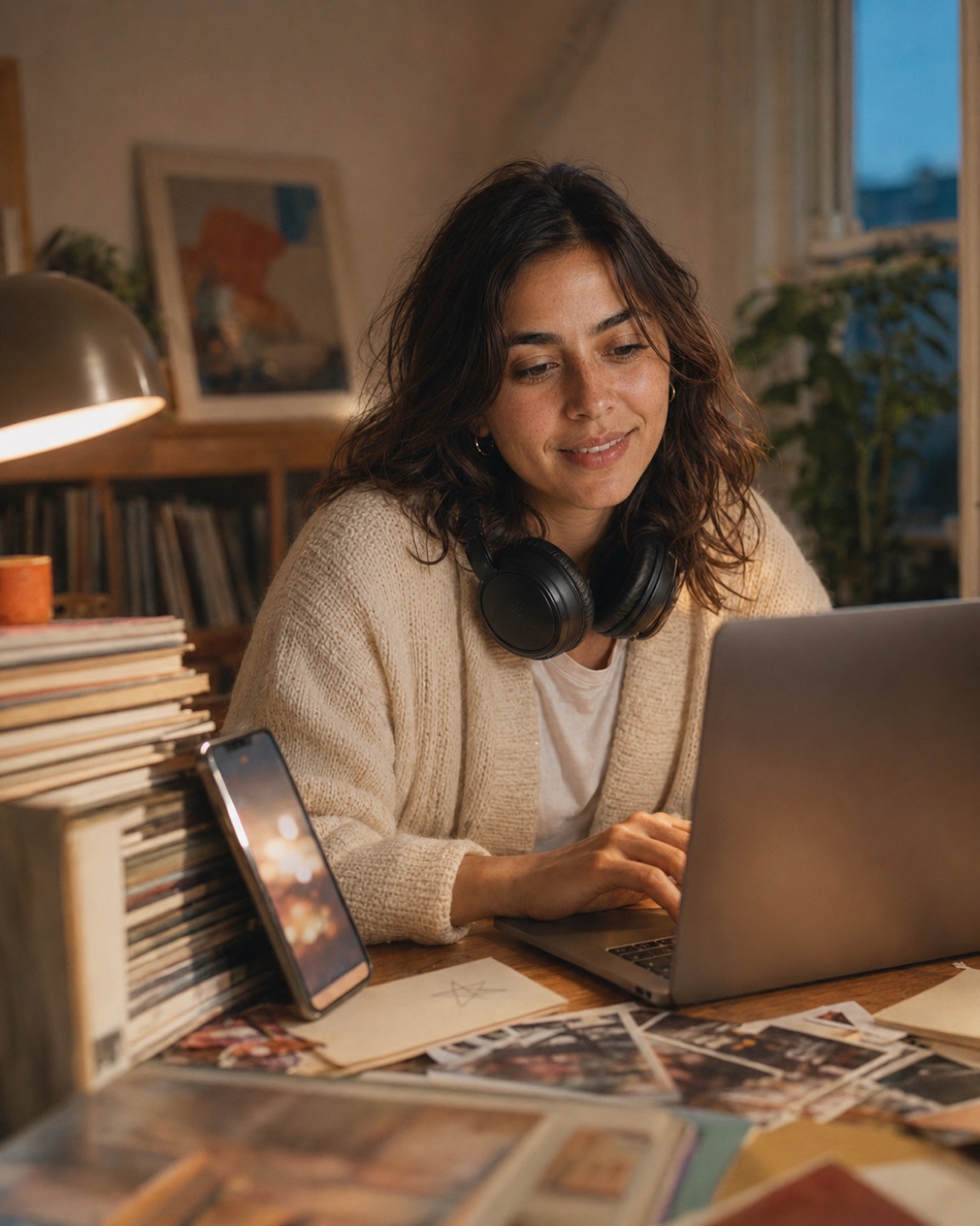 Maya builds a playlist at a lamplit night desk crowded with a laptop, headphones, phone, and records.