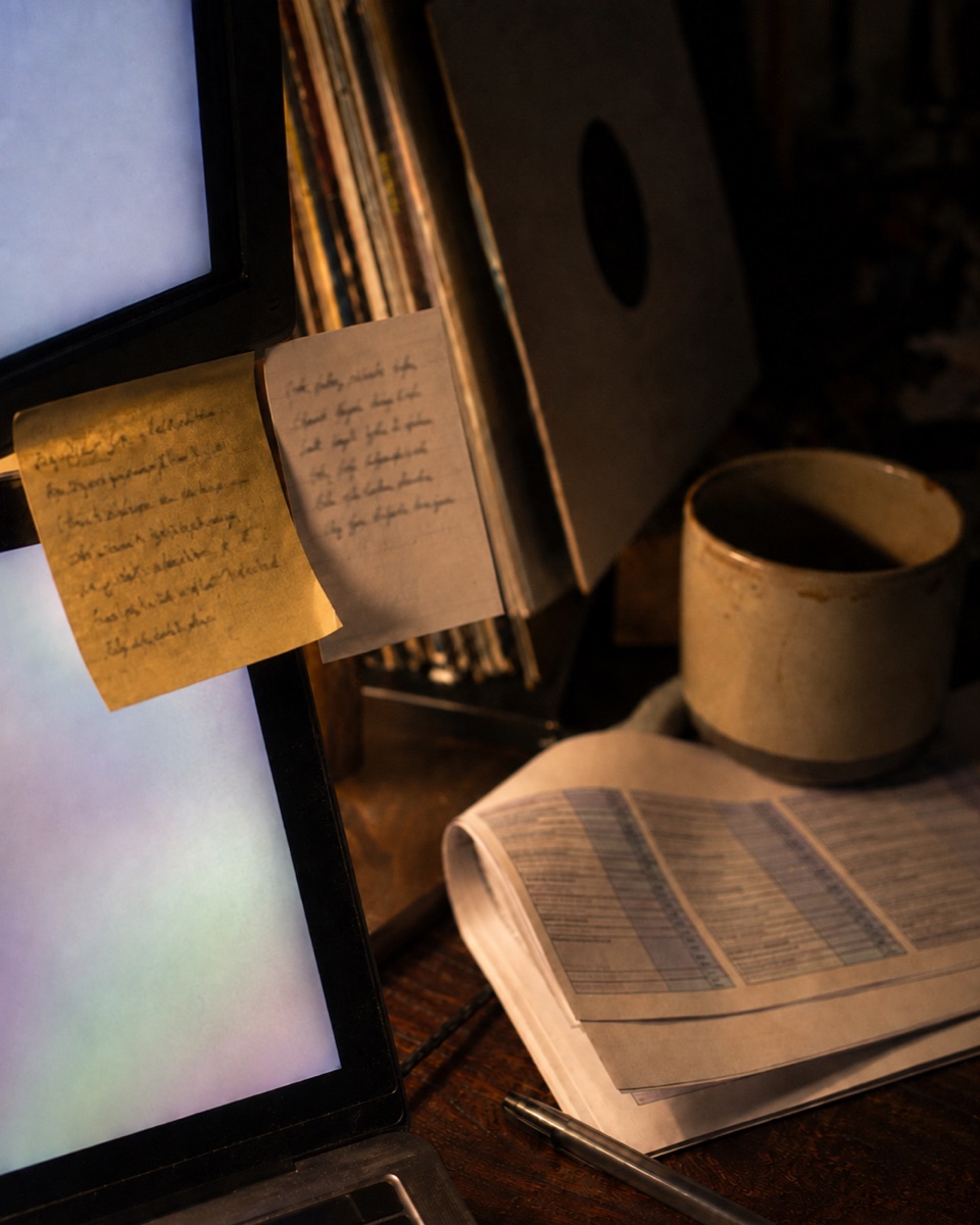 A close-up still-life evoking a music venue captured as structured data.