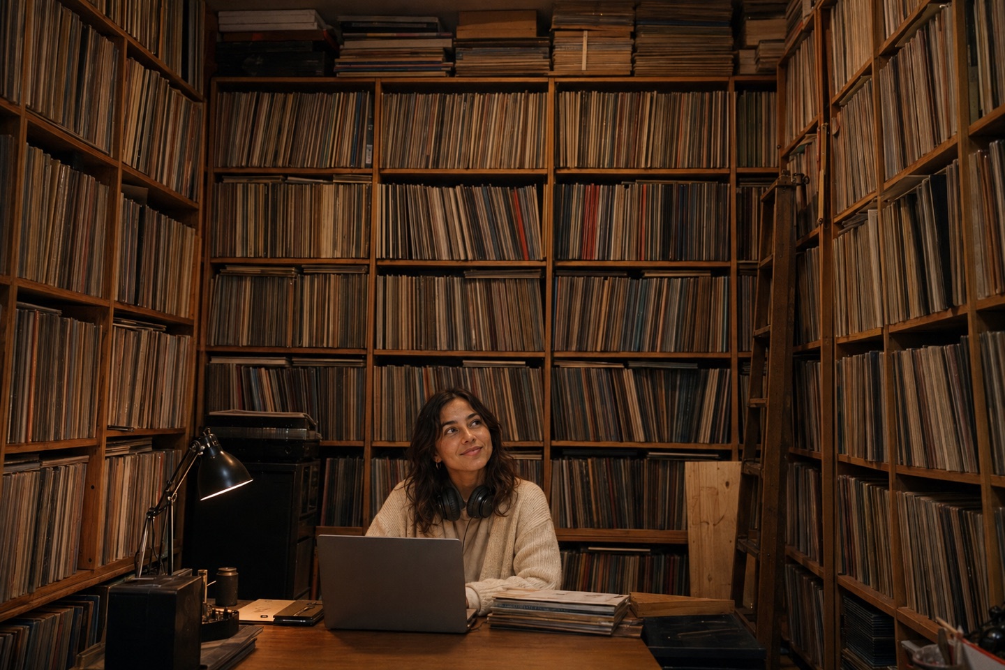 Maya sits at a small desk dwarfed by floor-to-ceiling shelves packed with records.